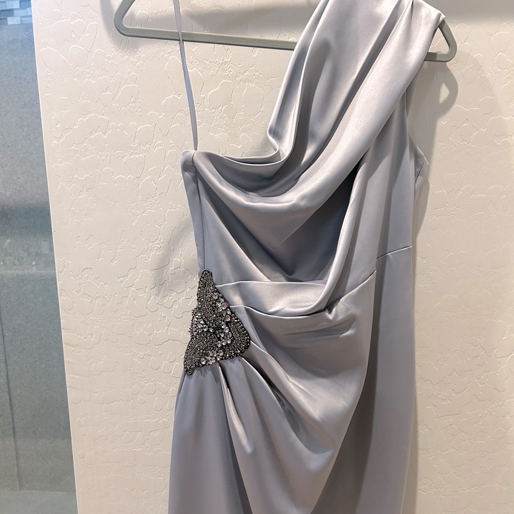 Silver off shoulder formal dress